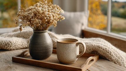 Cozy coffee corner for quiet breakfast nook concept. A cozy arrangement featuring a cup, vase, and soft textiles.