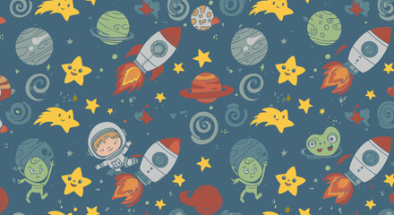 Naklejka premium Whimsical space-themed seamless pattern featuring astronauts, rockets, planets, and smiling stars against a dark blue background, perfect for children's products and designs.