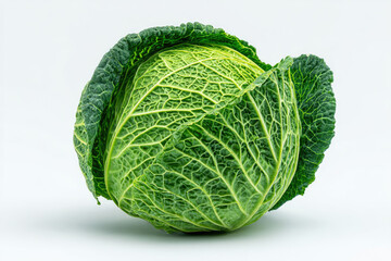 Obraz premium Fresh green cabbage with textured leaves displayed on a clean white background, ideal for culinary use