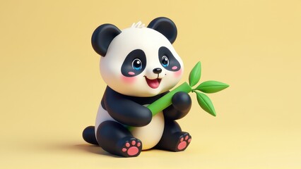 Naklejka premium Cute 3D Baby Panda Holding Bamboo Branch on Yellow Background