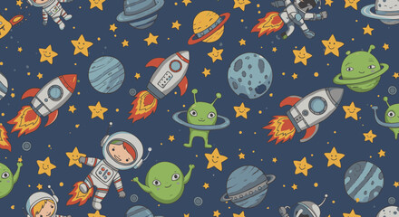 Naklejka premium Adorable cartoon rockets, planets, astronauts, and aliens playfully arranged on a dark-blue background, ideal for kids' textile prints, wallpapers, or wrapping paper.