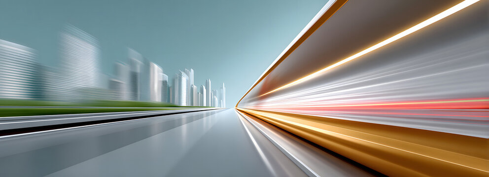 Technology of hyperloop with sustainability. Dynamic cityscape with motion blur showcasing modern architecture.