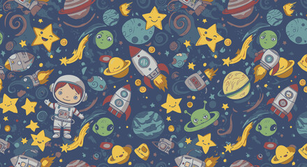 Naklejka premium Whimsical space-themed seamless pattern featuring an astronaut, rockets, planets, and stars on a dark blue background, perfect for children's products and designs.