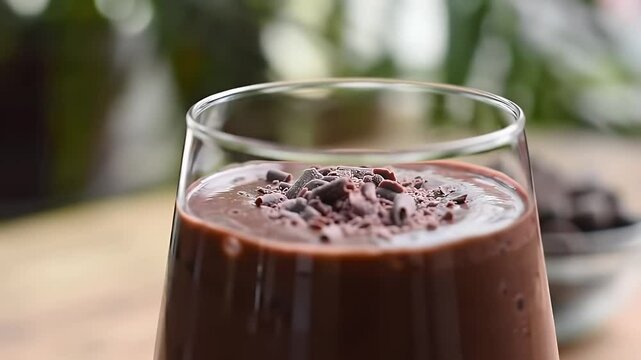Delicious Chocolate Smoothie in Glass Topped with Chips on Wood Surface and Green Background