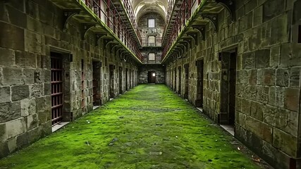 Abandoned prison corridor with moss-covered floor - Powered by Adobe