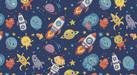 Naklejka premium A whimsical illustration showcases a vibrant space-themed pattern with rockets, planets, stars, and friendly alien characters, perfect for children's designs and educational materials.