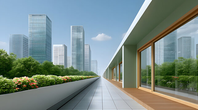 Technology of hyperloop with sustainability. Modern cityscape with greenery and contemporary architecture.