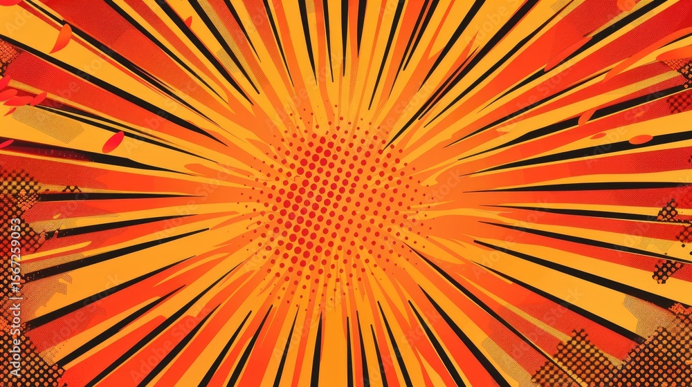 Poster a vibrant explosion of orange and yellow rays radiating from a central point, creating a dynamic eff