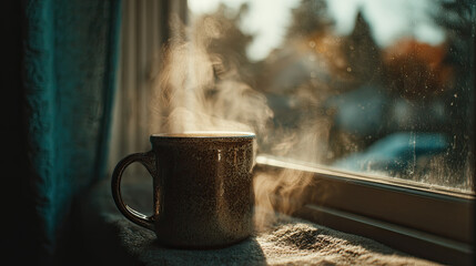 Quiet coffee time with early light corner concept. A steaming mug sits by a sunlit window, creating a cozy atmosphere.