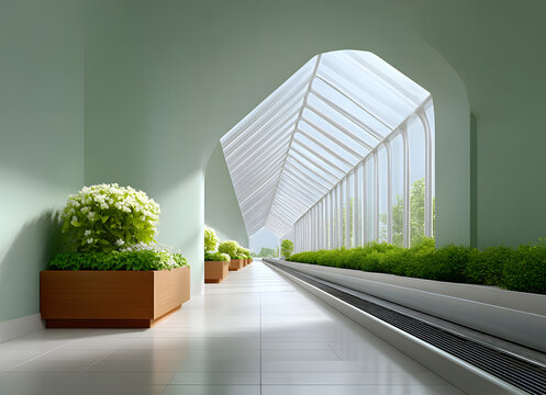 Technology of hyperloop with sustainability. Bright, modern indoor space with plants and large glass windows.