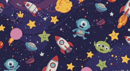 Obraz premium A vibrant and whimsical space-themed pattern featuring cartoon rockets, aliens, stars, and planets against a dark blue cosmic background, perfect for children's designs.
