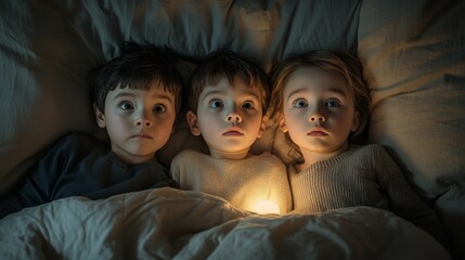 Three Children Staring Upward in Bed, Lit by Glowing Orb