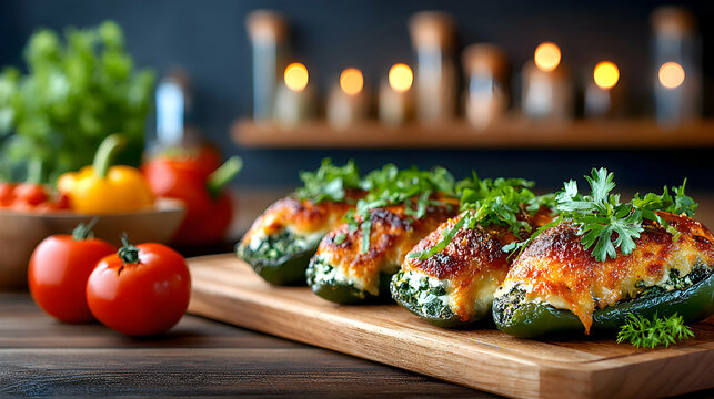 Artistic side angle of stuffed poblano peppers (chiles rellenos) topped with tomato sauce and melted cheese, blurred warm kitchen interior