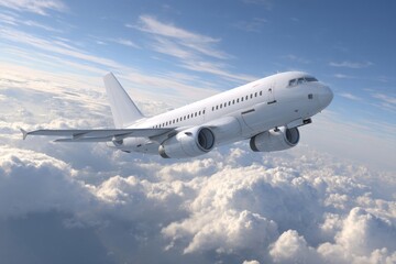 Obraz premium White Airplane Soaring Above Fluffy Clouds