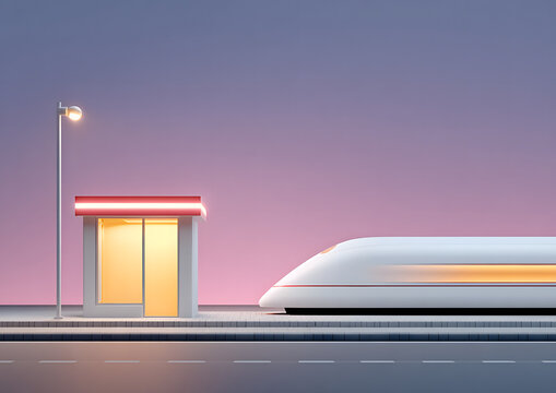 Technology of hyperloop with sustainability. Futuristic train station with a sleek train and vibrant sunset backdrop.