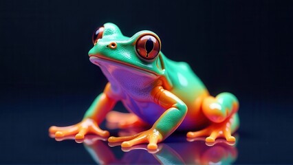 Vibrant Stylized Frog Figurine on Dark Reflective Surface