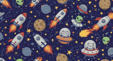 A playful, hand-drawn seamless pattern featuring rockets, planets, UFOs, and stars against a dark blue background, perfect for children's products and space-themed designs.