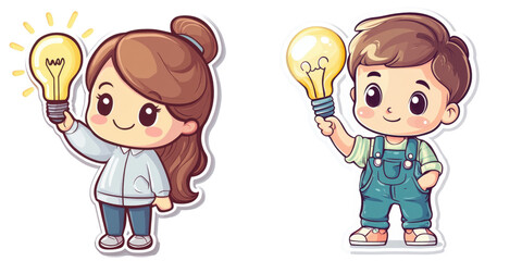 Cute Cartoon Characters Holding Lightbulbs in Playful Illustration