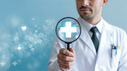 A medical professional in a white coat and black tie holds a magnifying glass with a white cross symbol floating within it against a light blue background.