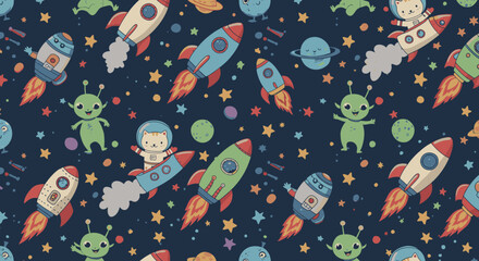 Adorable seamless pattern featuring rockets, planets, friendly aliens, and astronauts in space, perfect for kids' textile designs, wallpapers, or wrapping paper.