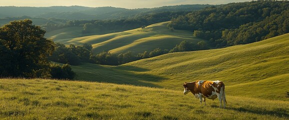 Tranquil Hillside Meadow with Grazing Cow at Golden Hour