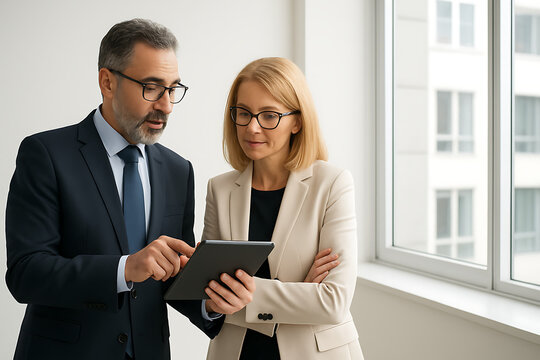 Mature business professionals engaged in office project discussion using tablet for visual aid and effective communication in modern corporate environment
