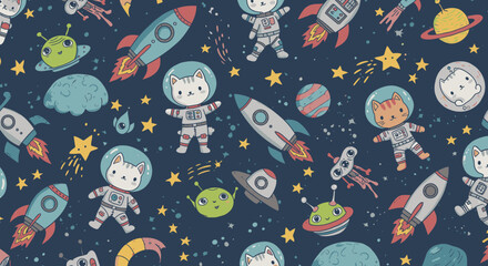 A whimsical seamless pattern features adorable cartoon cats dressed as astronauts, rockets, planets, and stars against a dark blue cosmic background, perfect for kids.