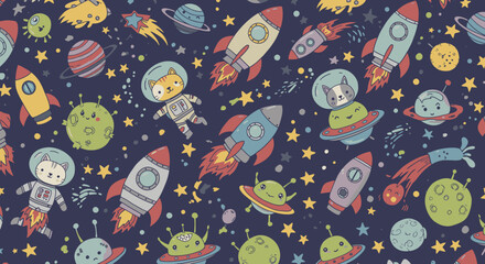 Naklejka premium A whimsical illustration showcases a vibrant space scene with rockets, planets, aliens, and astronaut animals floating against a dark blue star-filled background.