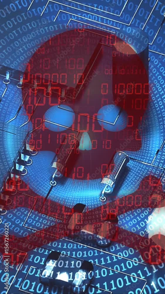 Poster animation of skull and bones, binary coding and data processing over computer servers