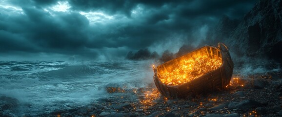 Treasure-laden Boat Wrecked on Stormy Coast, Glowing Gold Amidst Dark Waves