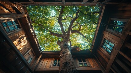 Treehouse Canopy: Upward Gaze at Nature's Embrace Through Wooden Architecture