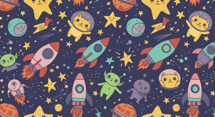 Naklejka premium Whimsical cartoon space pattern featuring cute cats in astronaut helmets, friendly aliens, and colorful rockets against a starry night sky.