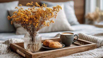 Cozy coffee corner for quiet breakfast nook concept. Cozy breakfast tray with coffee, pastries, and dried flowers.