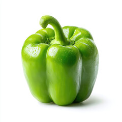Fresh green bell pepper on a white background, showcasing its vibrant color and natural shine
