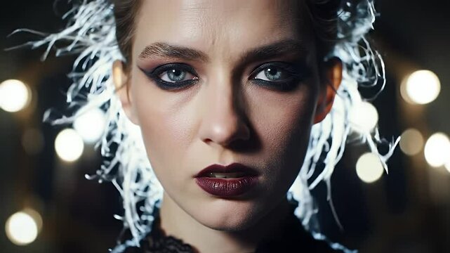 Dramatic Potrait of a Woman with Dark Eyeshadow and Lipstick in Black Lace Dress and Warm Bokeh Background Studio