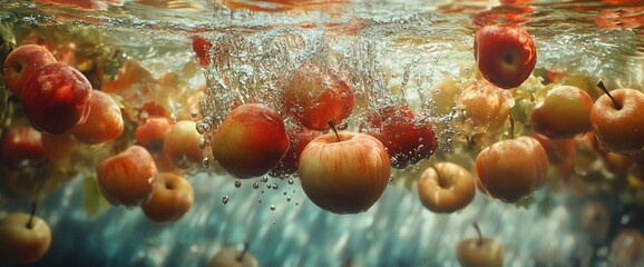 Underwater Apple Symphony: Vibrant Red and Gold Apples Plunge into Crystal Water, Creating a Dynamic Splash