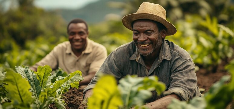 Two Smiling African Farmers Cultivating Crops in Lush Field