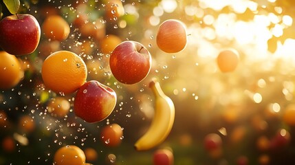 Vibrant Fruit Cascade: Apples, Oranges, Banana in Golden Light with Water Droplets