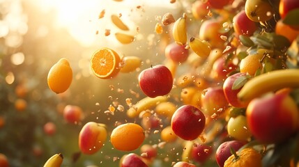 Vibrant Fruit Explosion: Sunlit Orchard Harvest in Motion