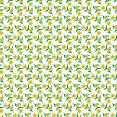 Seamless Pattern with Yellow Flowers and Green Leaves on White Background