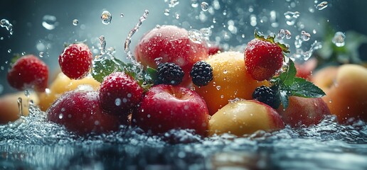 Vibrant Fruit Splash: A Symphony of Red, Yellow, and Black Berries in Dynamic Water Droplets