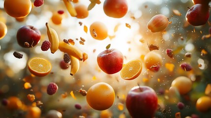 Vibrant Fruits and Grains in Mid-Air, Sunlit Burst