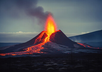 Volcanic Eruption Fiery Inferno and Molten Lava Flowing Down a Majestic Mountain