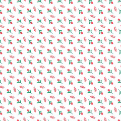 Seamless Pattern of Red Flowers and Green Leaves on White Background