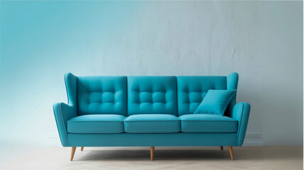 A modern mid-century style sofa in a vibrant turquoise blue color positioned against a plain white wall.