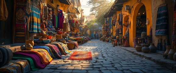 Vibrant Moroccan Marketplace: Sunlit Cobblestone Street with Colorful Textiles and Pottery