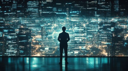 Man Contemplates a Digital Metropolis.