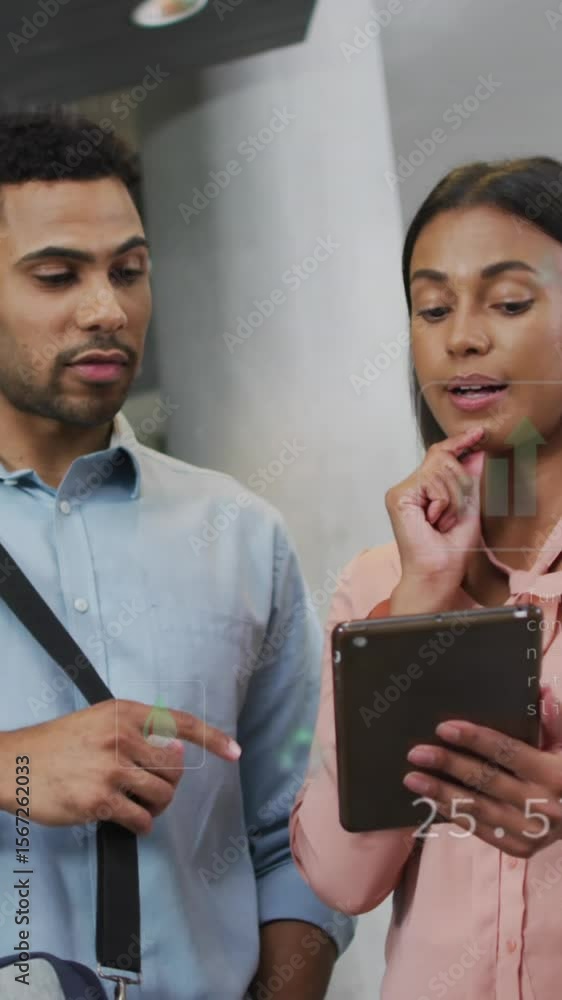 Poster animation of icons and changing numbers over diverse coworkers discussing reports on digital tablet