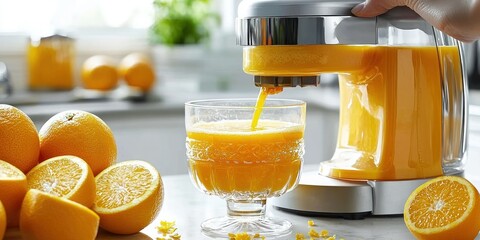 A bright kitchen with a person squeezing oranges into a glass of fresh juice