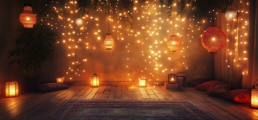 Warm Glow: Lanterns and Fairy Lights Illuminate Cozy Interior Space